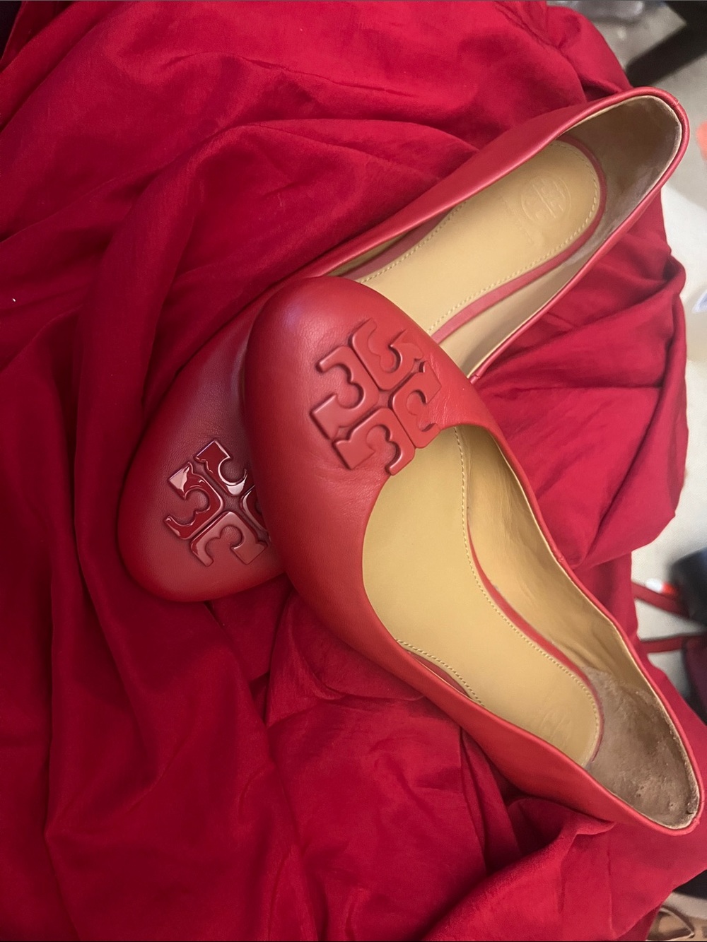 Tory Burch Red Leather Logo Ballet Flats
